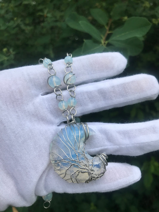 Opalite rough cut moon tree of life chain