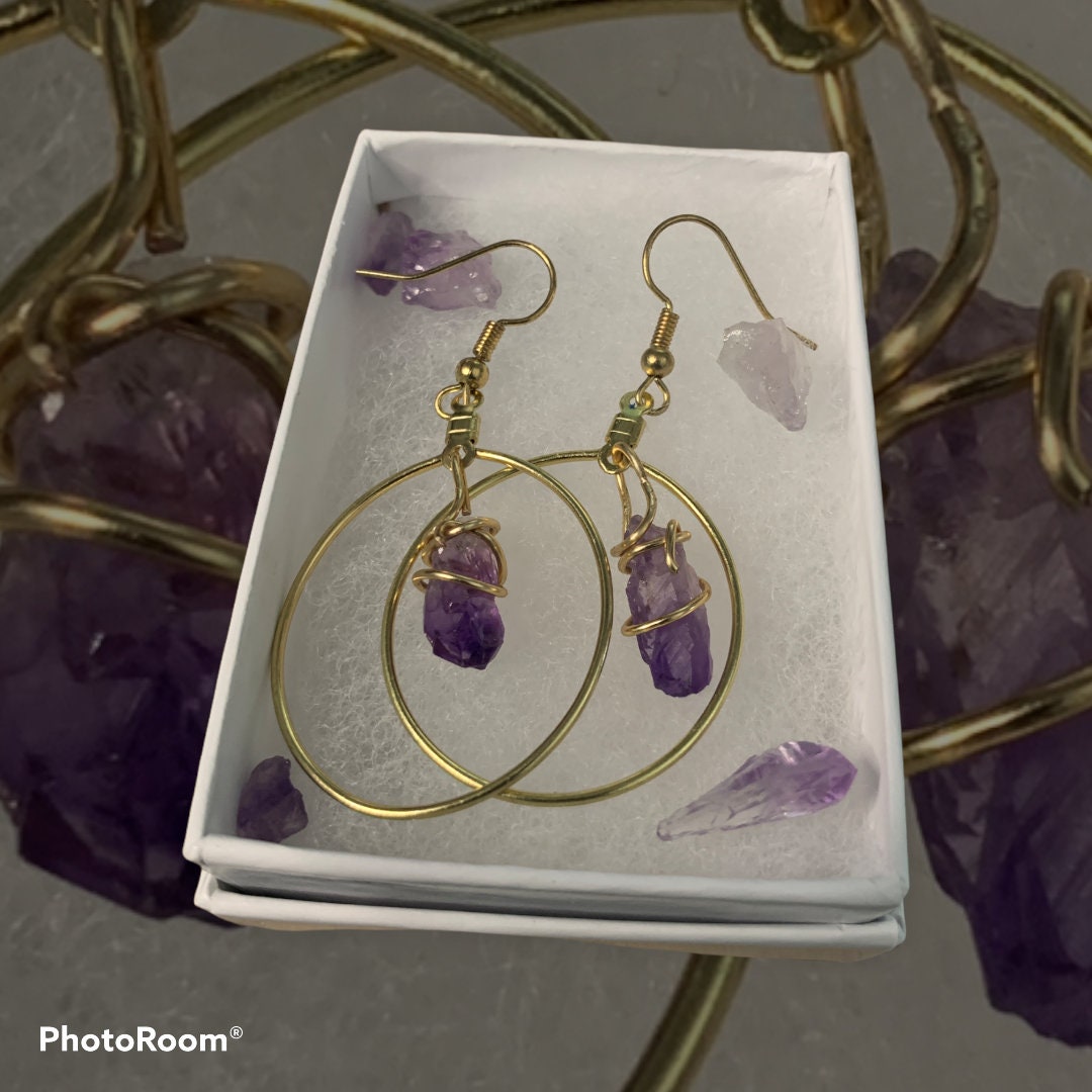 Raw amethyst chip hoop earrings