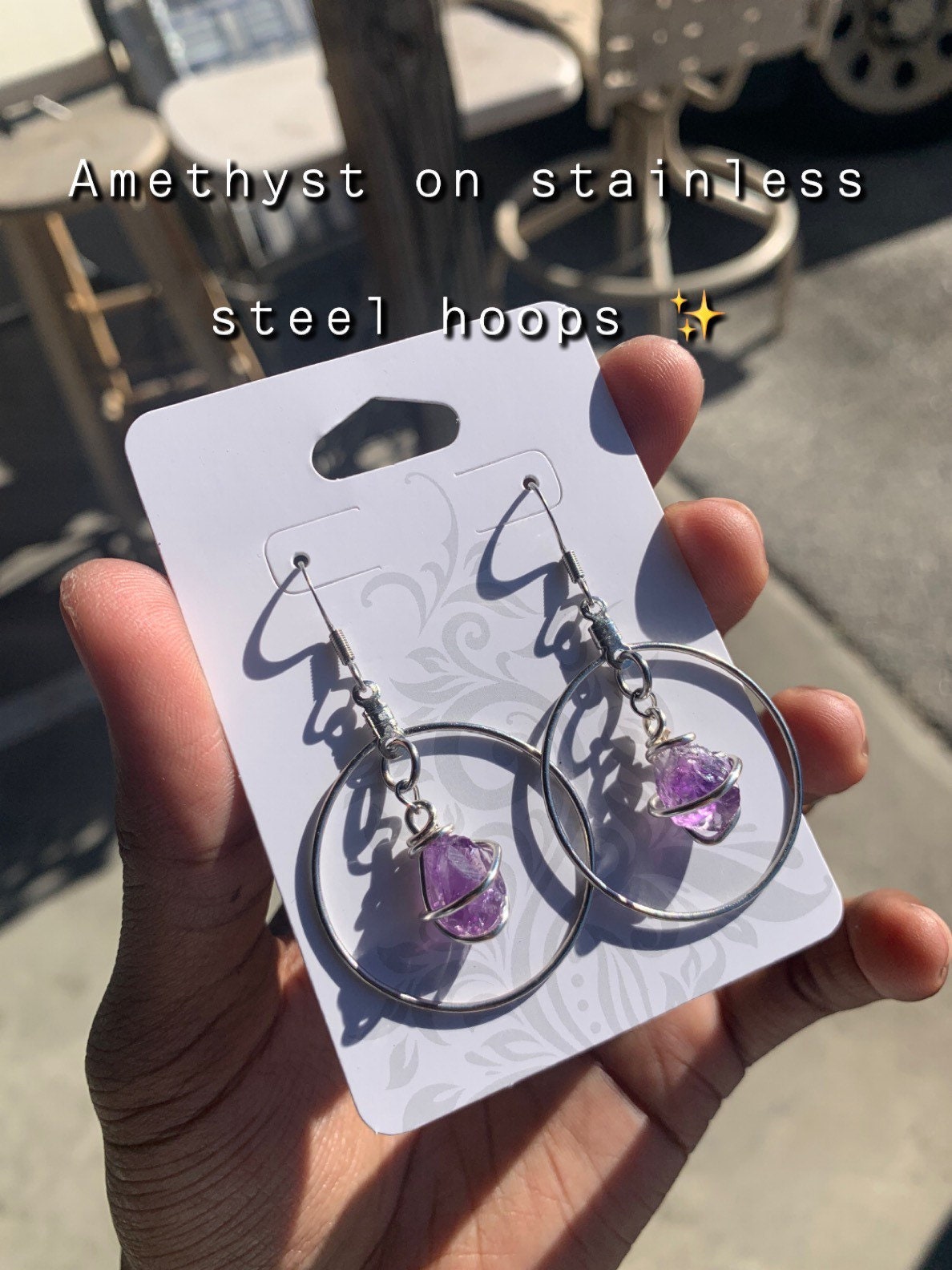 Raw amethyst chip hoop earrings