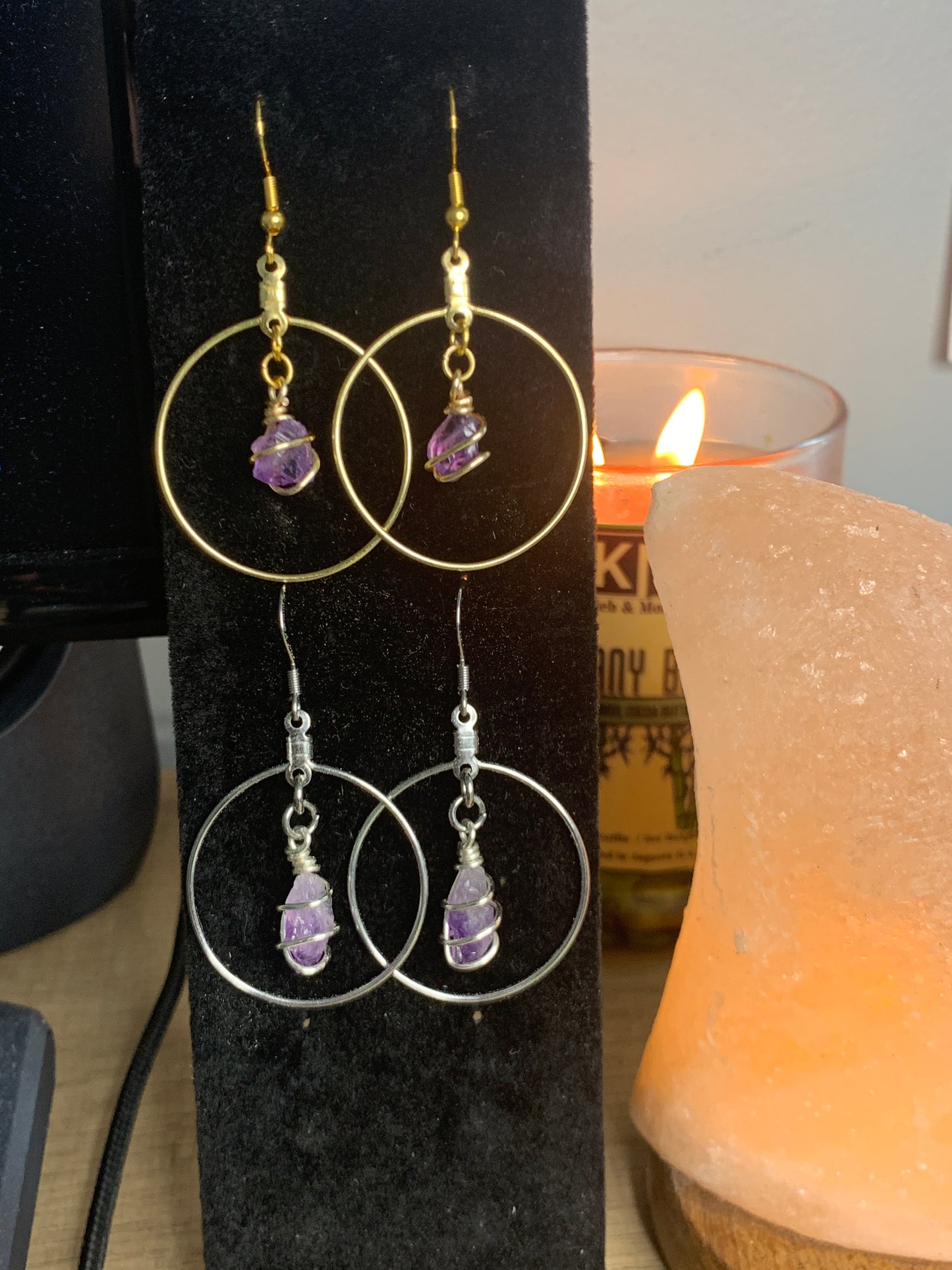 Raw amethyst chip hoop earrings