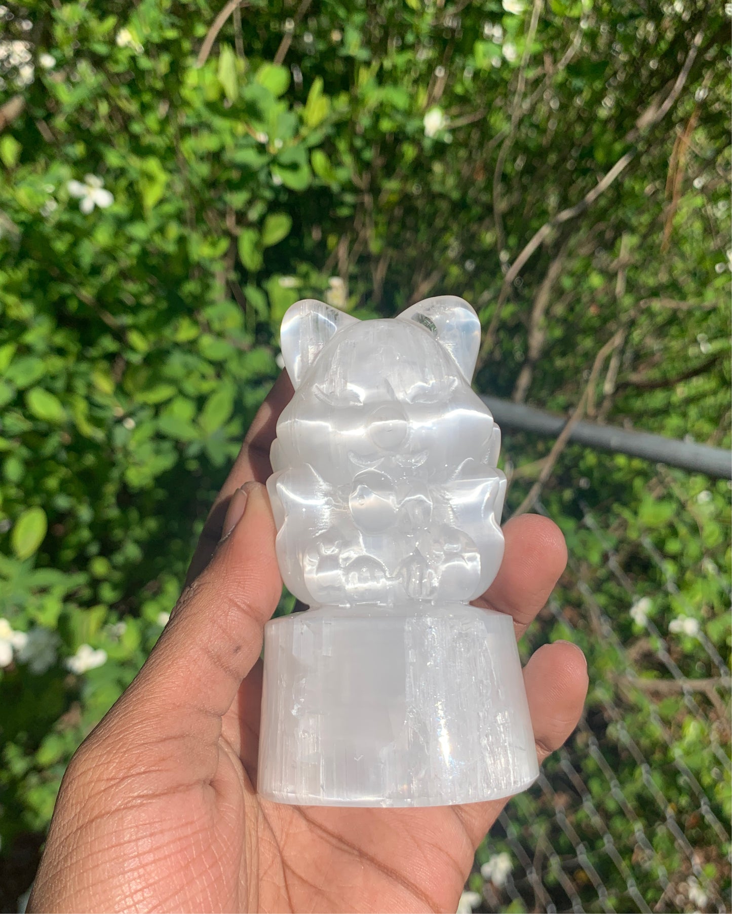 Selenite nine tail fox carving